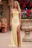 Load image into Gallery viewer, Sparkly Yellow Satin Corset Mermaid Beaded Long Prom Dress with Pearls