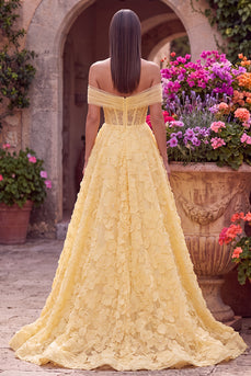 Sparkly Yellow A-Line Off the Shoulder Floral Corset Long Beaded Prom Dress