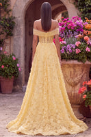 Load image into Gallery viewer, Sparkly Yellow A-Line Off the Shoulder Floral Corset Long Beaded Prom Dress