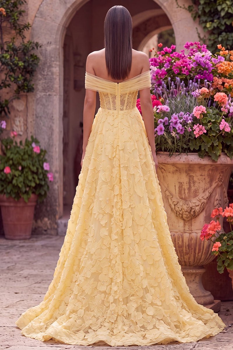 Load image into Gallery viewer, Sparkly Yellow A-Line Off the Shoulder Floral Corset Long Beaded Prom Dress