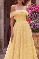 Load image into Gallery viewer, Sparkly Yellow A-Line Off the Shoulder Floral Corset Long Beaded Prom Dress