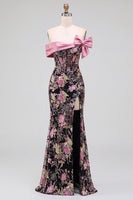 Load image into Gallery viewer, Sparkly Black Pink Floral Mermaid Sequins Long Corset Prom Dress with Bow