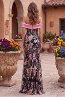 Load image into Gallery viewer, Sparkly Black Pink Floral Mermaid Sequins Long Corset Prom Dress with Bow