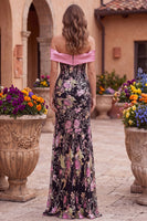 Load image into Gallery viewer, Sparkly Black Pink Floral Mermaid Sequins Long Corset Prom Dress with Bow