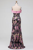 Load image into Gallery viewer, Sparkly Black Pink Floral Mermaid Sequins Long Corset Prom Dress with Bow