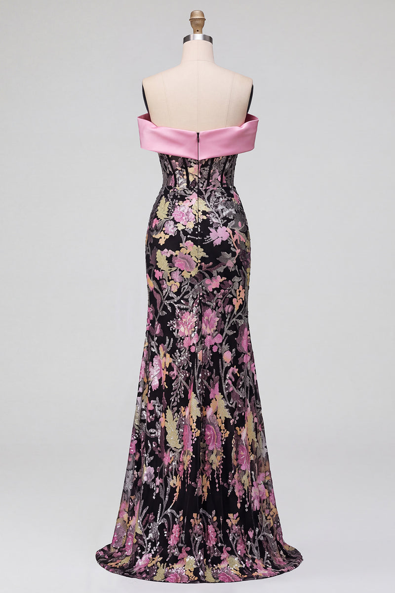 Load image into Gallery viewer, Sparkly Black Pink Floral Mermaid Sequins Long Corset Prom Dress with Bow