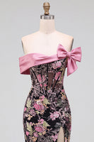 Load image into Gallery viewer, Sparkly Black Pink Floral Mermaid Sequins Long Corset Prom Dress with Bow