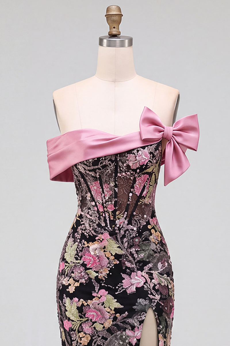 Load image into Gallery viewer, Sparkly Black Pink Floral Mermaid Sequins Long Corset Prom Dress with Bow