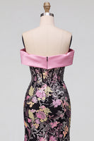 Load image into Gallery viewer, Sparkly Black Pink Floral Mermaid Sequins Long Corset Prom Dress with Bow
