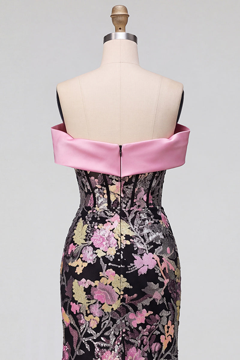 Load image into Gallery viewer, Sparkly Black Pink Floral Mermaid Sequins Long Corset Prom Dress with Bow