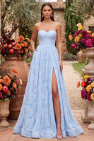 Load image into Gallery viewer, Sparkly Blue A-Line Sweetheart Beaded Floral Long Prom Dress with Slit