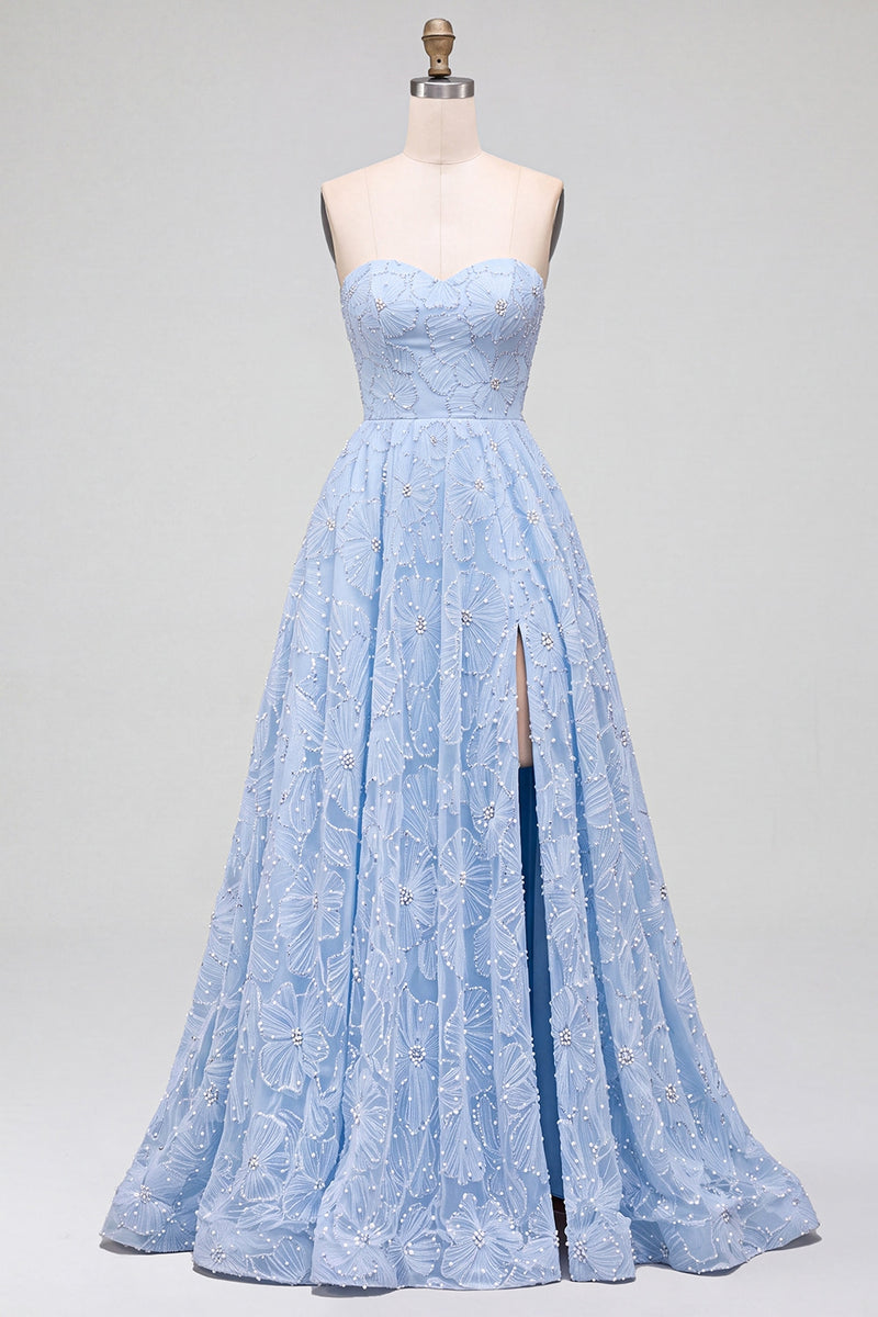 Load image into Gallery viewer, Sparkly Blue A-Line Sweetheart Beaded Floral Long Prom Dress with Slit