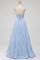 Load image into Gallery viewer, Sparkly Blue A-Line Sweetheart Beaded Floral Long Prom Dress with Slit