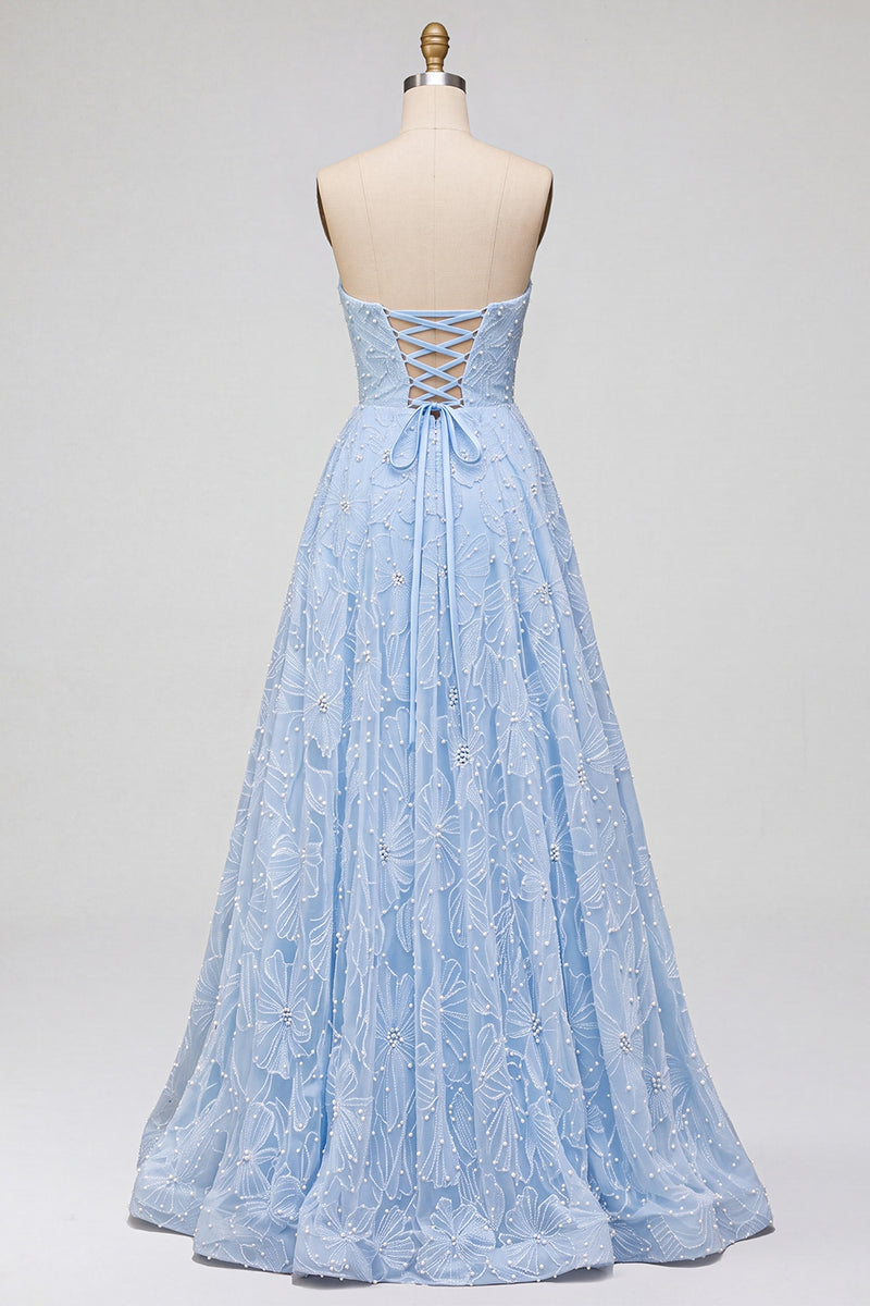 Load image into Gallery viewer, Sparkly Blue A-Line Sweetheart Beaded Floral Long Prom Dress with Slit
