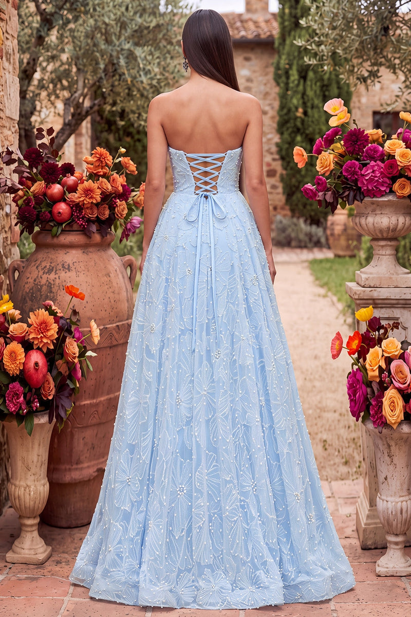 Load image into Gallery viewer, Sparkly Blue A-Line Sweetheart Beaded Floral Long Prom Dress with Slit