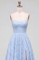 Load image into Gallery viewer, Sparkly Blue A-Line Sweetheart Beaded Floral Long Prom Dress with Slit