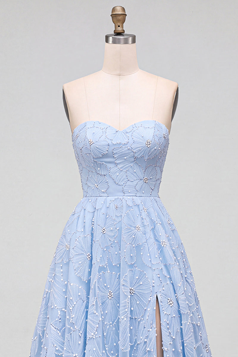 Load image into Gallery viewer, Sparkly Blue A-Line Sweetheart Beaded Floral Long Prom Dress with Slit