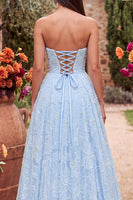Load image into Gallery viewer, Sparkly Blue A-Line Sweetheart Beaded Floral Long Prom Dress with Slit