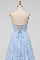 Load image into Gallery viewer, Sparkly Blue A-Line Sweetheart Beaded Floral Long Prom Dress with Slit
