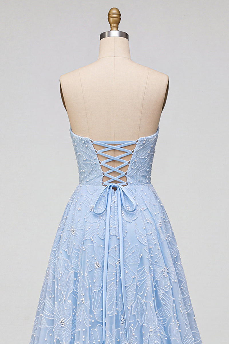 Load image into Gallery viewer, Sparkly Blue A-Line Sweetheart Beaded Floral Long Prom Dress with Slit