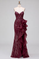 Load image into Gallery viewer, Sparkly Burgundy Sequins Mermaid Ruffled Strapless Long Prom Dress with Slit