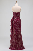 Load image into Gallery viewer, Sparkly Burgundy Sequins Mermaid Ruffled Strapless Long Prom Dress with Slit