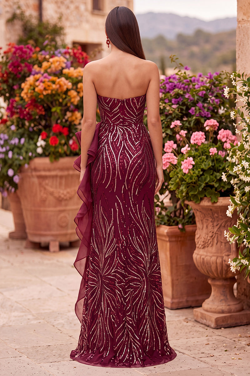 Load image into Gallery viewer, Sparkly Burgundy Sequins Mermaid Ruffled Strapless Long Prom Dress with Slit
