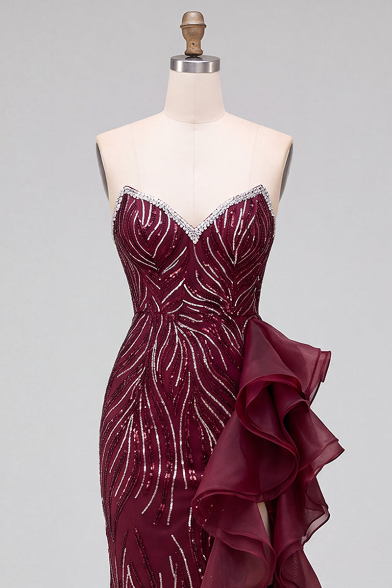 Load image into Gallery viewer, Sparkly Burgundy Sequins Mermaid Ruffled Strapless Long Prom Dress with Slit