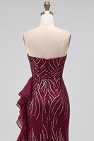 Load image into Gallery viewer, Sparkly Burgundy Sequins Mermaid Ruffled Strapless Long Prom Dress with Slit