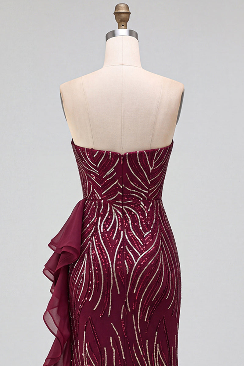 Load image into Gallery viewer, Sparkly Burgundy Sequins Mermaid Ruffled Strapless Long Prom Dress with Slit