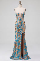 Load image into Gallery viewer, Sparkly Blue Corset Floral Mermaid Sequins Strapless Long Prom Dress with Slit