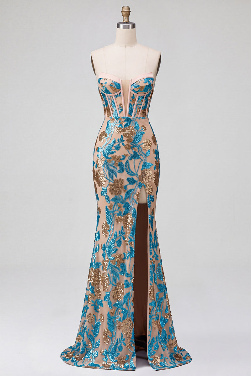 Load image into Gallery viewer, Sparkly Blue Corset Floral Mermaid Sequins Strapless Long Prom Dress with Slit