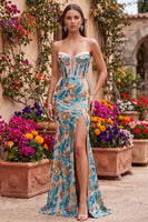 Load image into Gallery viewer, Sparkly Blue Corset Floral Mermaid Sequins Strapless Long Prom Dress with Slit
