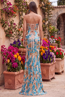 Sparkly Blue Corset Floral Mermaid Sequins Strapless Long Prom Dress with Slit