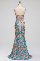 Load image into Gallery viewer, Sparkly Blue Corset Floral Mermaid Sequins Strapless Long Prom Dress with Slit