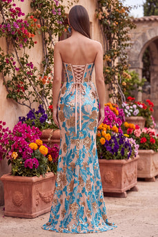 Sparkly Blue Corset Floral Mermaid Sequins Strapless Long Prom Dress with Slit