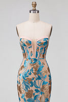 Load image into Gallery viewer, Sparkly Blue Corset Floral Mermaid Sequins Strapless Long Prom Dress with Slit