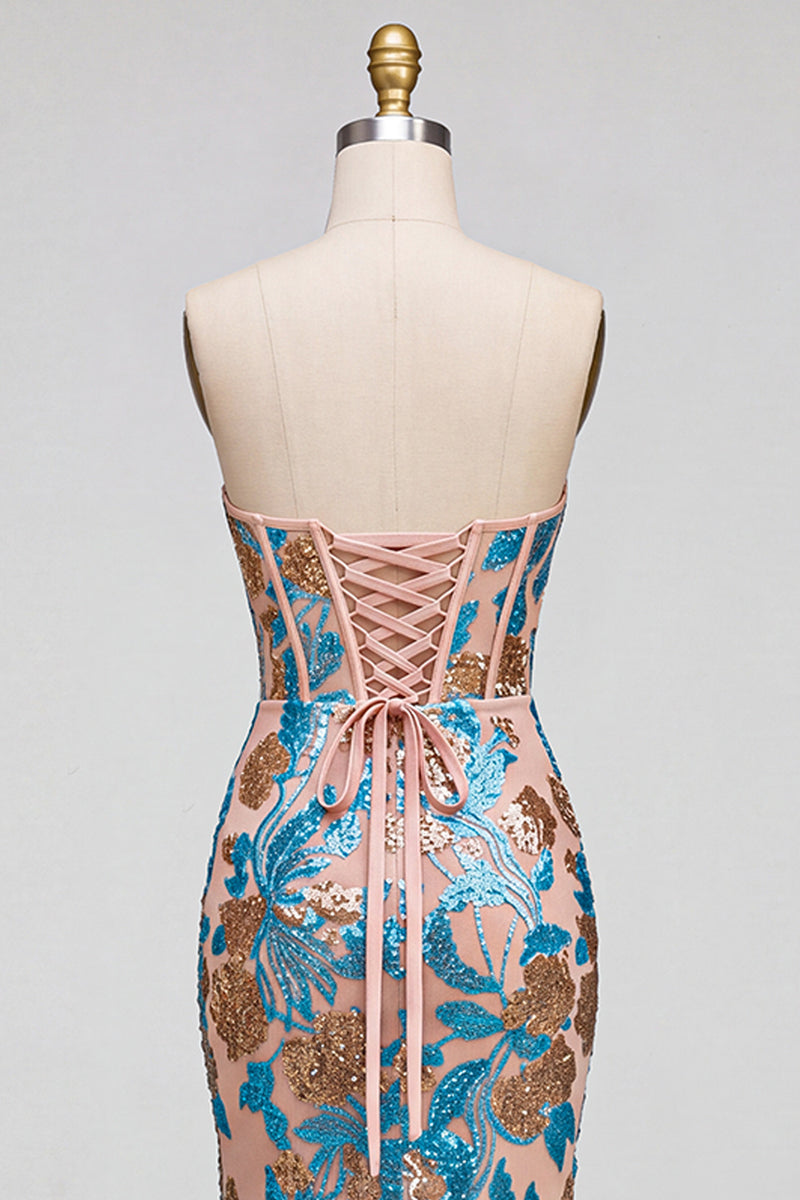 Load image into Gallery viewer, Sparkly Blue Corset Floral Mermaid Sequins Strapless Long Prom Dress with Slit