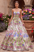 Load image into Gallery viewer, Pink Floral Ball Gown Strapless Long Prom Dress