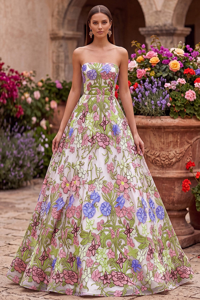 Load image into Gallery viewer, Pink Floral Ball Gown Strapless Long Prom Dress