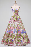 Load image into Gallery viewer, Pink Floral Ball Gown Strapless Long Prom Dress