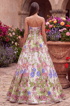 Pink Floral Ball Gown Strapless Long Prom Dress