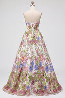 Load image into Gallery viewer, Pink Floral Ball Gown Strapless Long Prom Dress