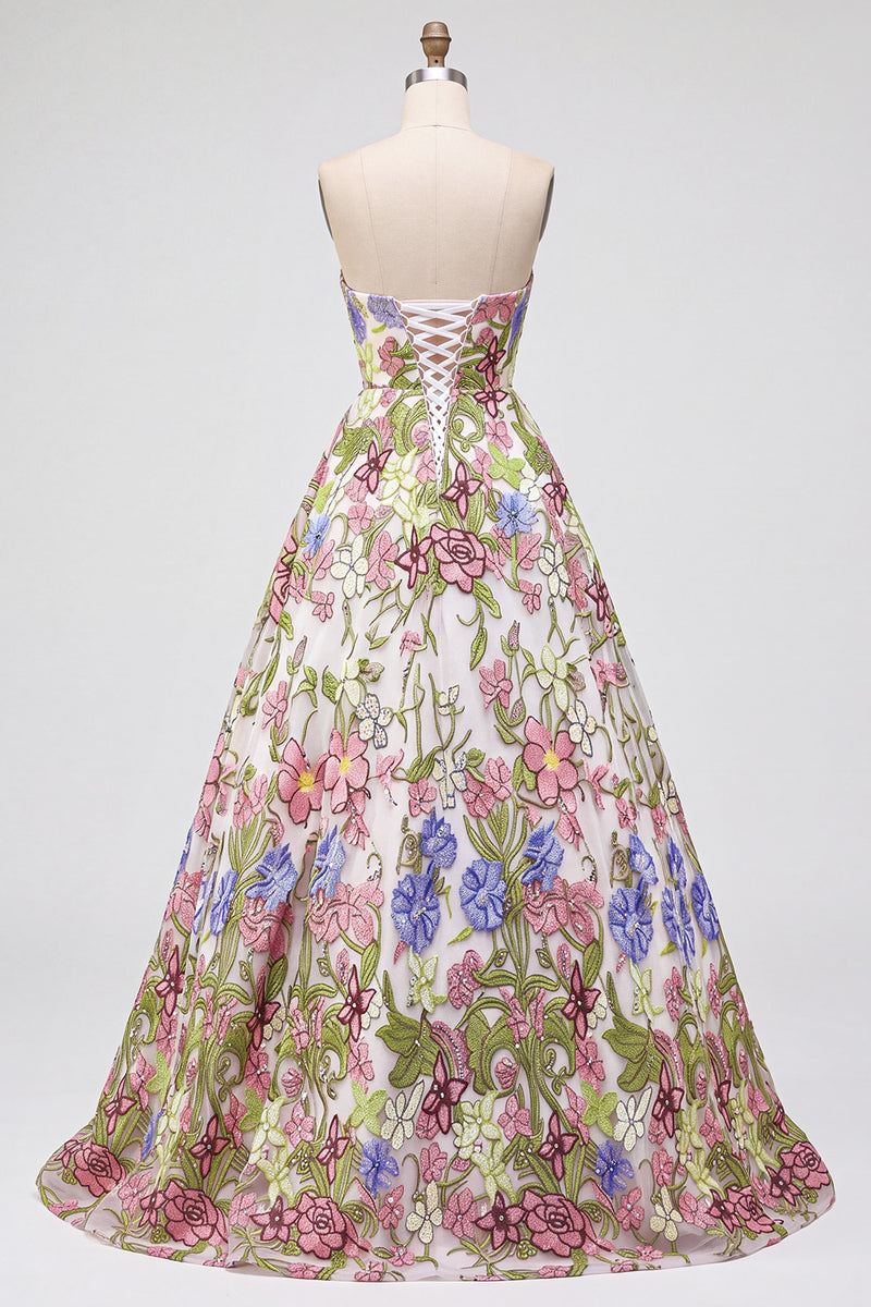 Load image into Gallery viewer, Pink Floral Ball Gown Strapless Long Prom Dress