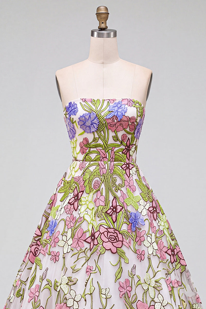 Load image into Gallery viewer, Pink Floral Ball Gown Strapless Long Prom Dress