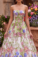 Load image into Gallery viewer, Pink Floral Ball Gown Strapless Long Prom Dress