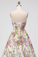 Load image into Gallery viewer, Pink Floral Ball Gown Strapless Long Prom Dress