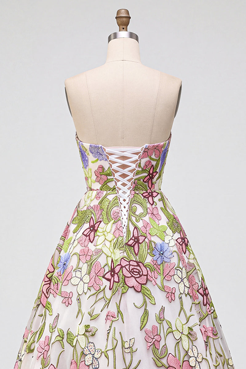 Load image into Gallery viewer, Pink Floral Ball Gown Strapless Long Prom Dress
