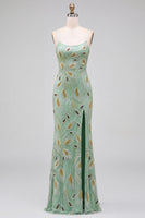 Load image into Gallery viewer, Sparkly Green Mermaid Spaghetti Straps Beaded Long Prom Dress with Slit