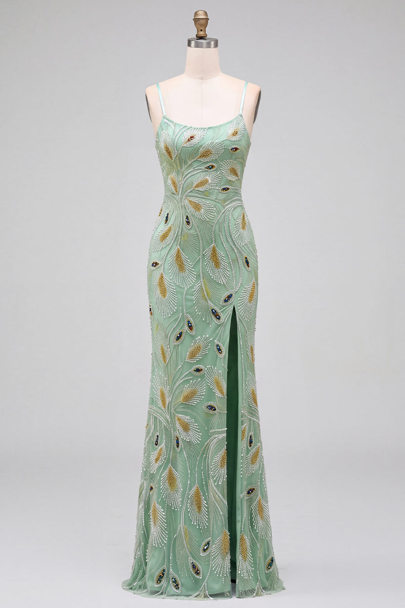 Load image into Gallery viewer, Sparkly Green Mermaid Spaghetti Straps Beaded Long Prom Dress with Slit